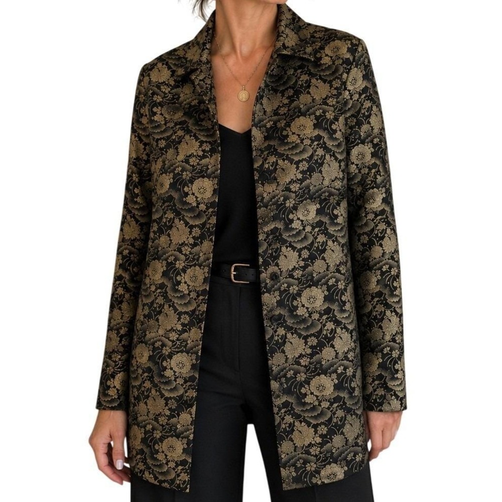 VTG 90s Chicos Silk Blend Gold Floral Brocade Blazer Jacket L Old Money